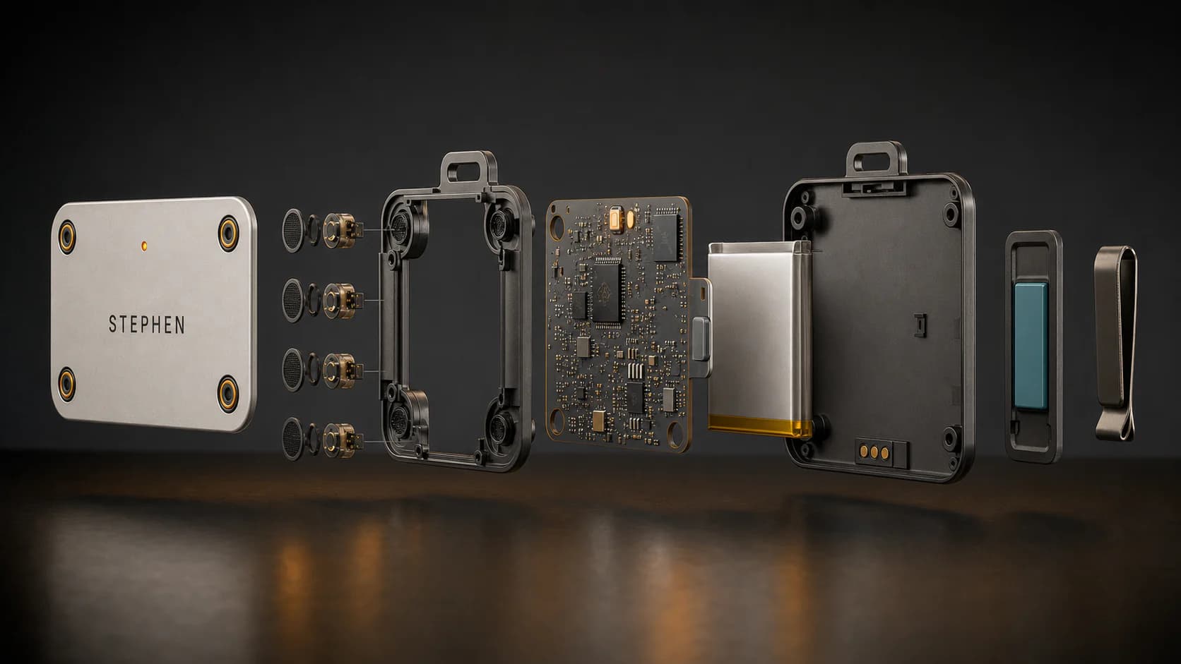 Exploded internal view of the Closer Capture Badge showing four microphones, rigid carrier, circuit board, rechargeable battery, rear housing, charging contacts, and attachment rail