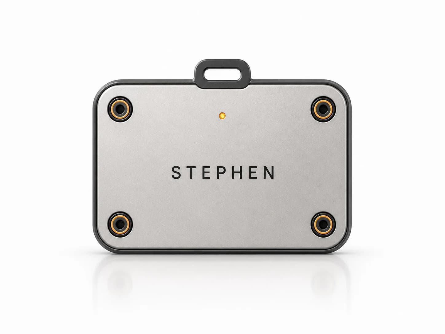 Front view of the Closer Capture Badge labeled Stephen with four corner microphone ports