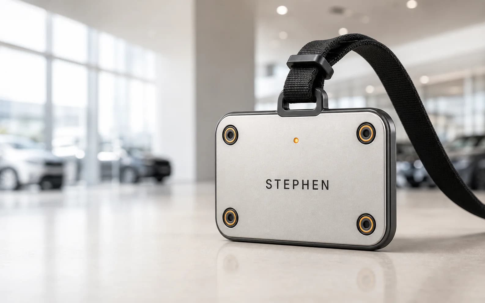 Polished Closer Capture Badge labeled Stephen, showing four microphone ports and its top-center lanyard attachment