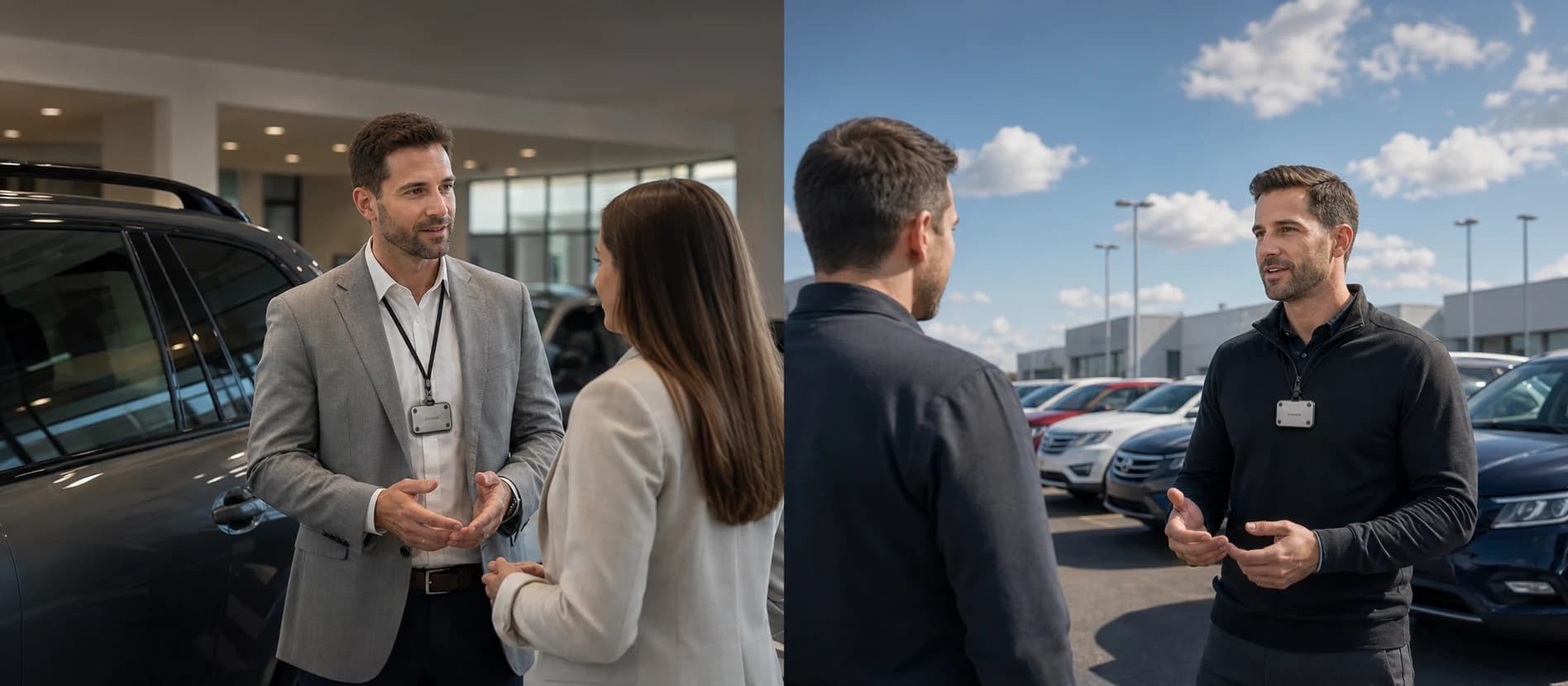 Salesperson wearing the Closer badge while speaking with customers inside a dealership showroom and outside on the vehicle lot